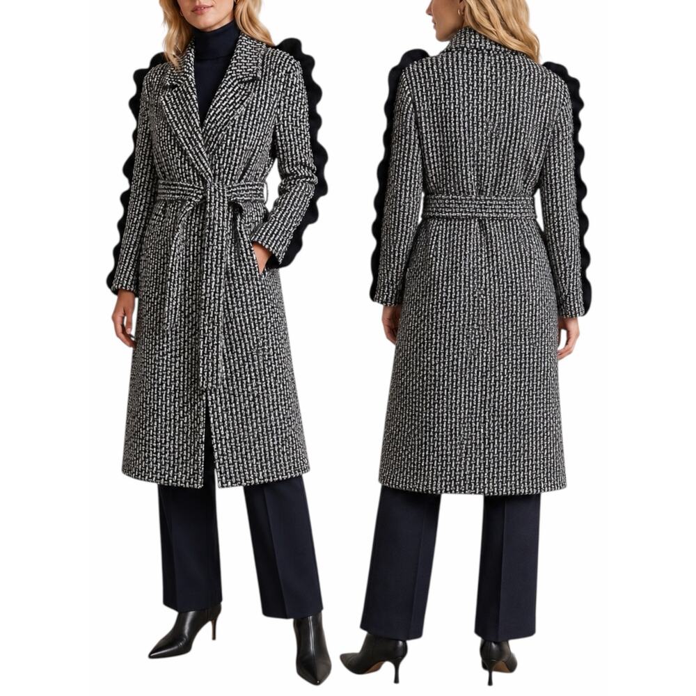 Mother of Pearl Bexley Tweed Ruffle Sleeve Belt Wool Coat Navy Size M